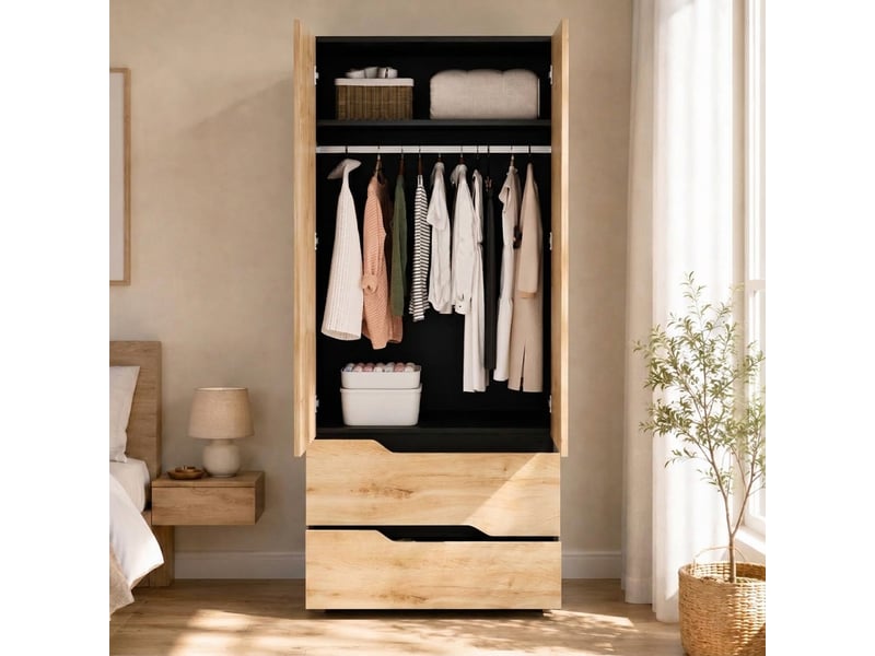  Armoire 2 portes 90x50x200 cm finition chêne avec penderie et 2 tiroirs  - Conforama C