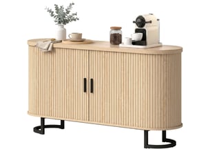 Buffet salon, meuble de rangement ovale avec 2 portes coulissantes et étagères réglables, 140x40x75cm, bois naturel