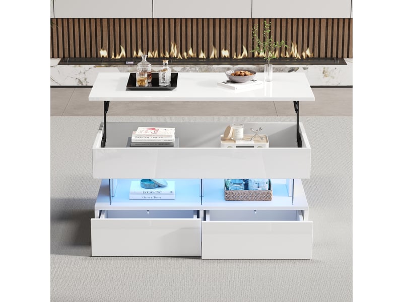  Table basse relevable blanche 100x50x46 cm avec rangement caché et 2 tiroirs, éclairage led bluetooth  - Conforama E