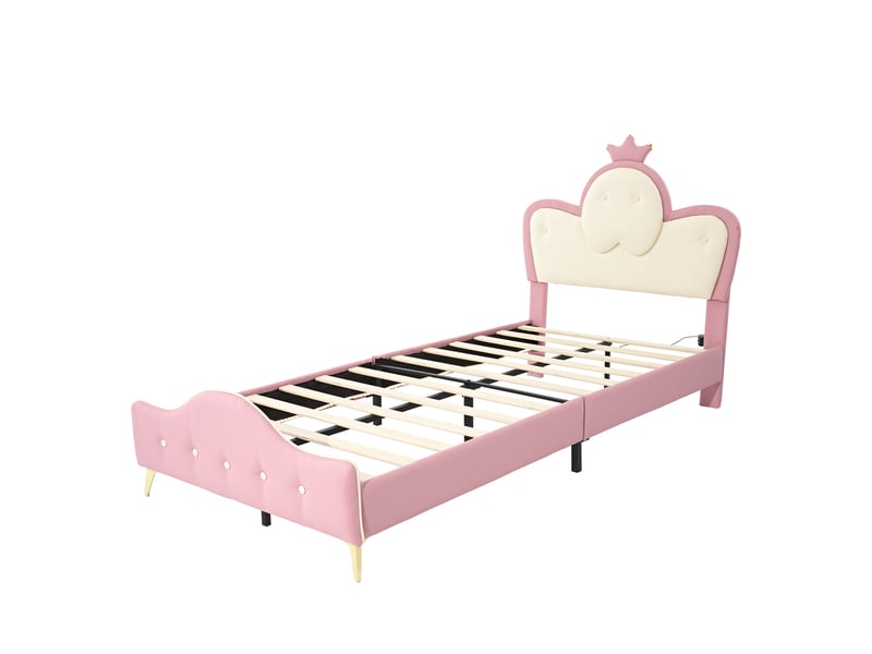  Lit enfant avec led et tête de lit couronne, 90 x 200 cm, blanc et rose  - Conforama D