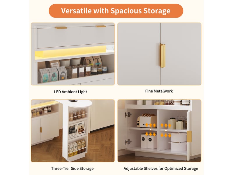  Desserte de cuisine extensible avec rangement, led et plateau tournant en mdf 115–183×40×99,5 cm blanc  - Conforama C