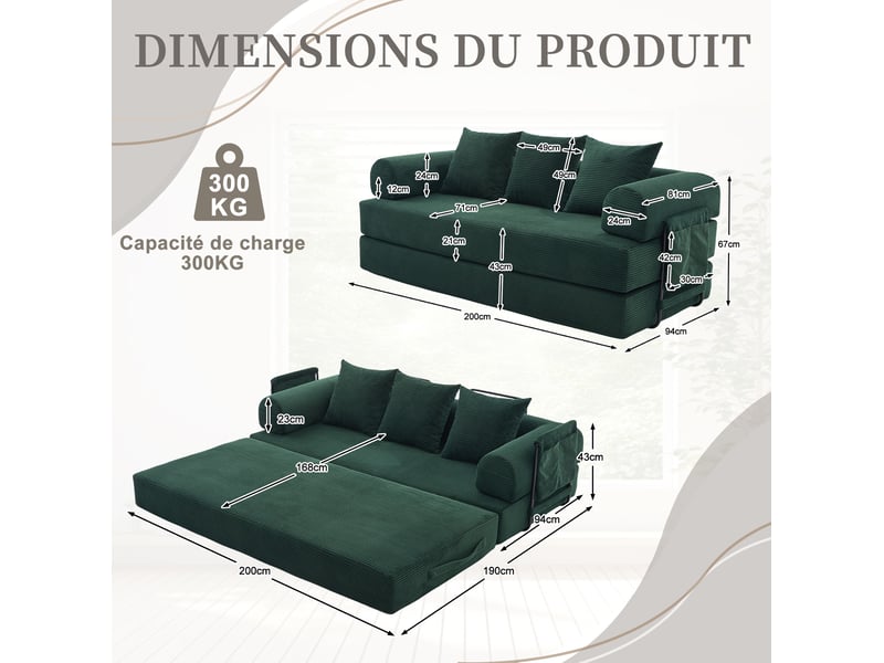  Canapé modulable 200x94x67 cm pliable en corduroy métal vert émeraude  - Conforama C