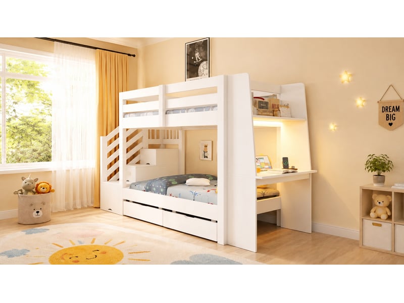 Lit superposé enfant 90x200 cm blanc bois avec bureau intégré échelle rangement tiroirs éclairage led et prise électrique Sol Morn - Conforama D