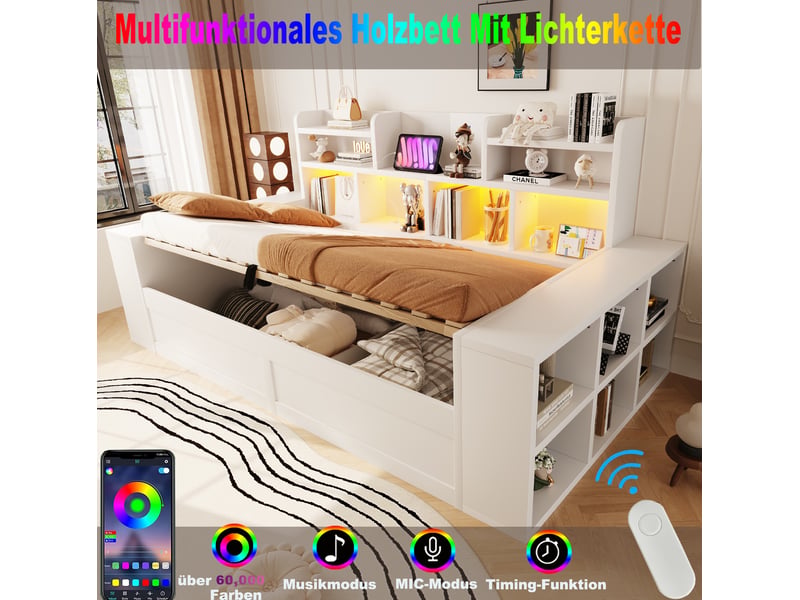 Canapé-lit tcqpz 90 x 200 cm avec rangement hydraulique led prises bois blanc - Conforama E