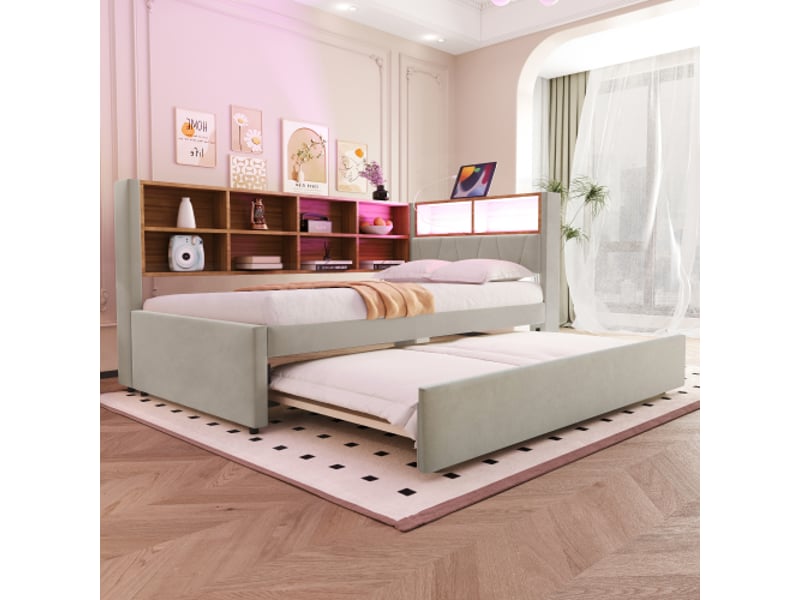  Lit gigogne 90x200 cm, avec rangements et ports usb et type-c, sans tête de lit, en tissu, gris clair, sans matelas  - Conforama B