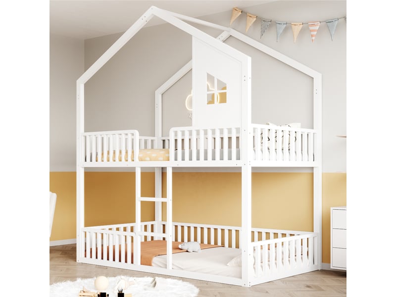 Lit superposé 90x200 cm - cadre de lit en métal - avec barrières de sécurité - blanc (matelas non inclus) - Conforama B