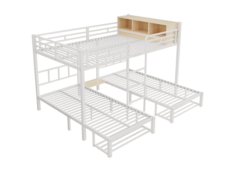  Lit superposé 3 couchages blanc 140×200/90×200 cm avec étagère et échelle  - Conforama E