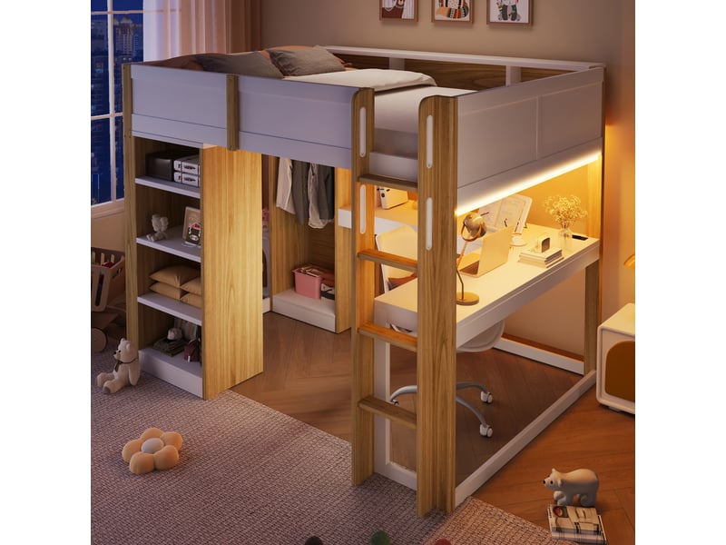 Lit mezzanine 140 x 200 cm avec bureau en l, armoire ouverte et 4 étagères, rangements hauts avec led et station de charge, en bois blanc et naturel  - Conforama B