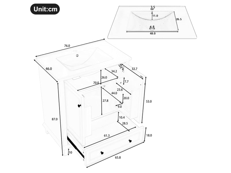 Meuble sous vasque avec 2 portes, 1 tiroir et étagère réglable, vasque en céramique pour salle de bain, 76×46×87 cm - Conforama D
