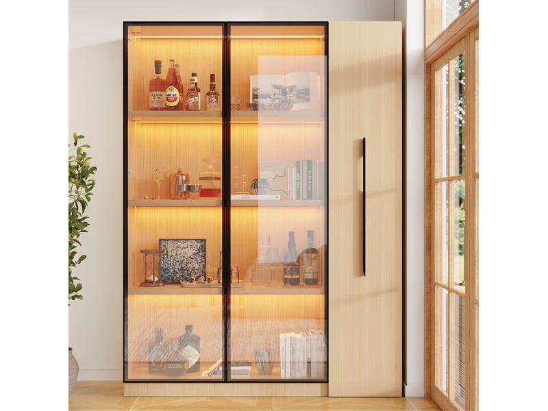  Vitrine bibliothèque led avec porte vitrée et rangement coulissant à roulettes pour salon, chêne, 110 × 35 × 160 cm  - Conforama C