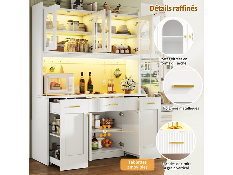  Armoire de cuisine haute 120 cm, buffet de cuisine blanc avec led rgb, 3 vitrines (sans matelas).  - Conforama C