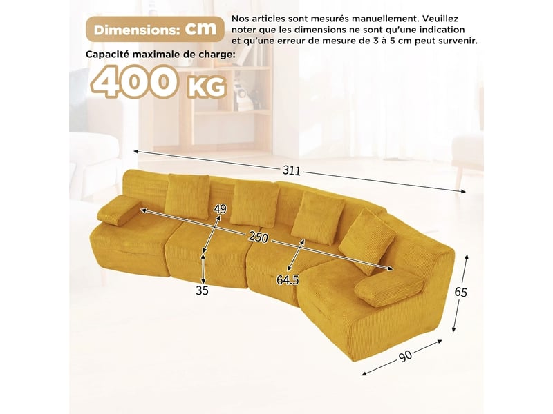  Canapé modulable 4 places en velours côtelé, canapé jaune sans montage requis, 311 cm  - Conforama E
