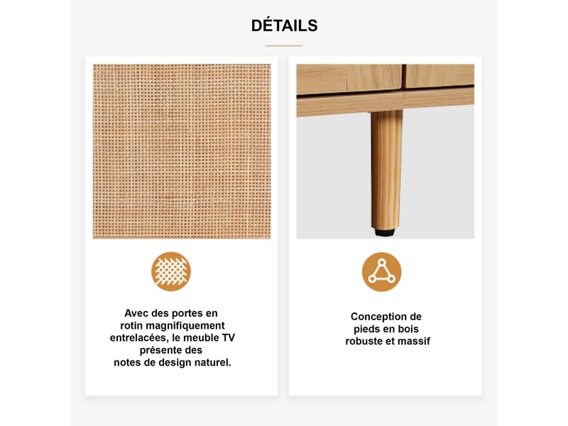 Meuble tv bois avec design en rotin véritable et pieds en bois massif, beaucoup d'espace de rangement  - Conforama D