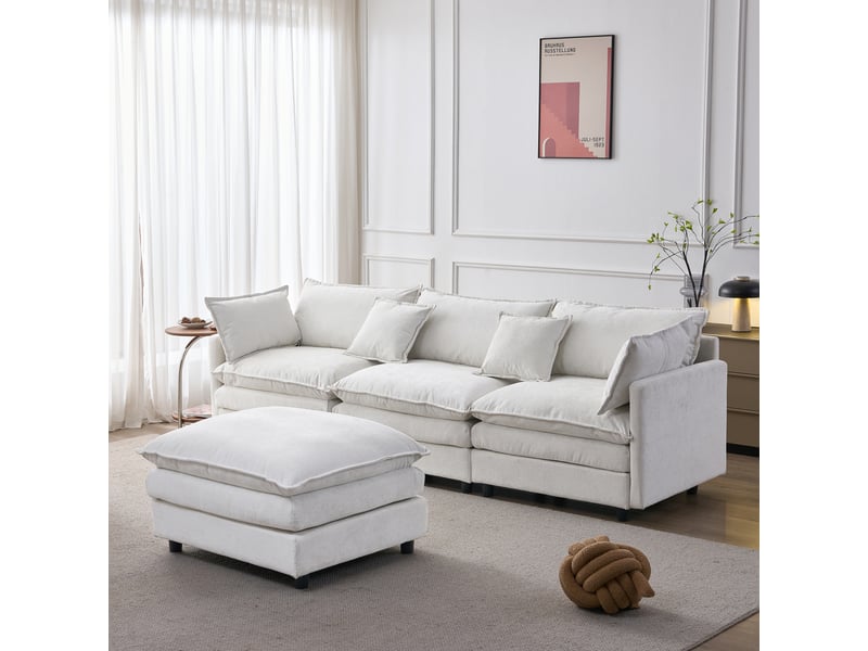 Canapé d'angle, canapé modulable : 3 places, avec pouf, avec méridienne, en chenille - Conforama E