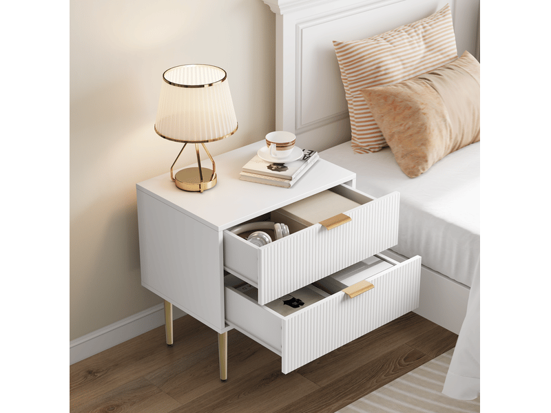  Table de chevet 2 tiroirs 53x41,5x52,5 cm, chevet chambre moderne, meuble nuit blanc, pieds métal, rangement, mdf blanc  - Conforama E