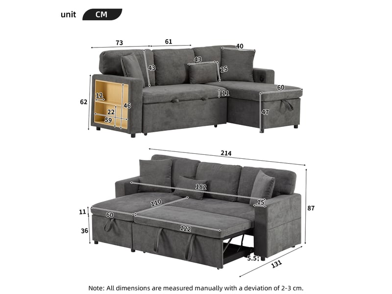  Canapé d'angle convertible réversible gris foncé avec coffre de rangement, lit en l tissu oxford, port usb et étagère intégrée, 214x131 cm  - Conforama D