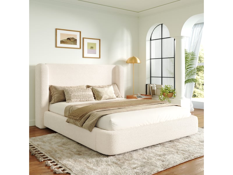  Lit coffre 2 places 140x200 cm avec rangement hydraulique, sommier à lattes, tête de lit déhoussable, coins arrondis, tissu bouclé beige  - Conforama C