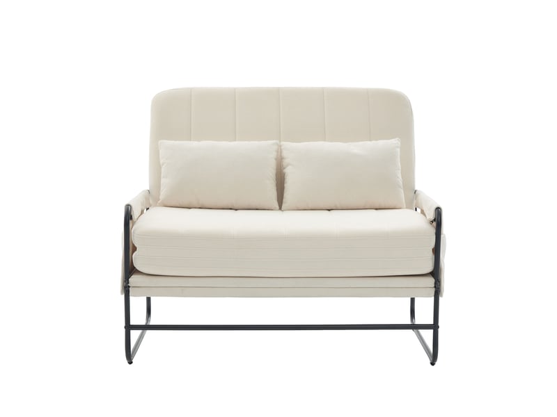 Canapé convertible 2 places avec poches latérales et coussin lombaire, structure en métal et chenille beige - Conforama A