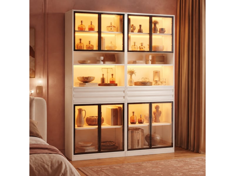  Lot de 2 vitrines de rangement 160x35x200 cm, led rgb, 8 portes vitrées, 2 tiroirs, mdf, blanc  - Conforama B