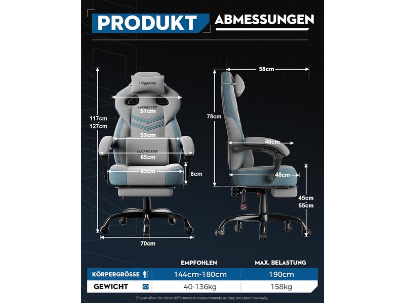 Gtplayer chaise de jeu en tissu avec accoudoirs synchronisés, inclinaison de 90-155° et repose-pieds - gris - double ligne LR408-GY-DL-FA - Conforama B