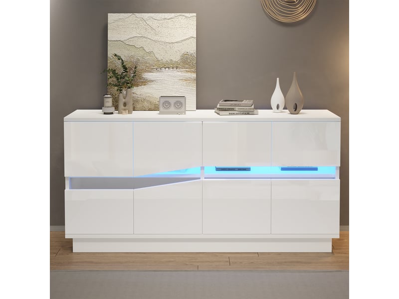 Buffet led 140x35x70 cm - 4 portes push-to-open et étagères réglables - meuble de rangement cuisine et salon - blanc CozyNest - Conforama B