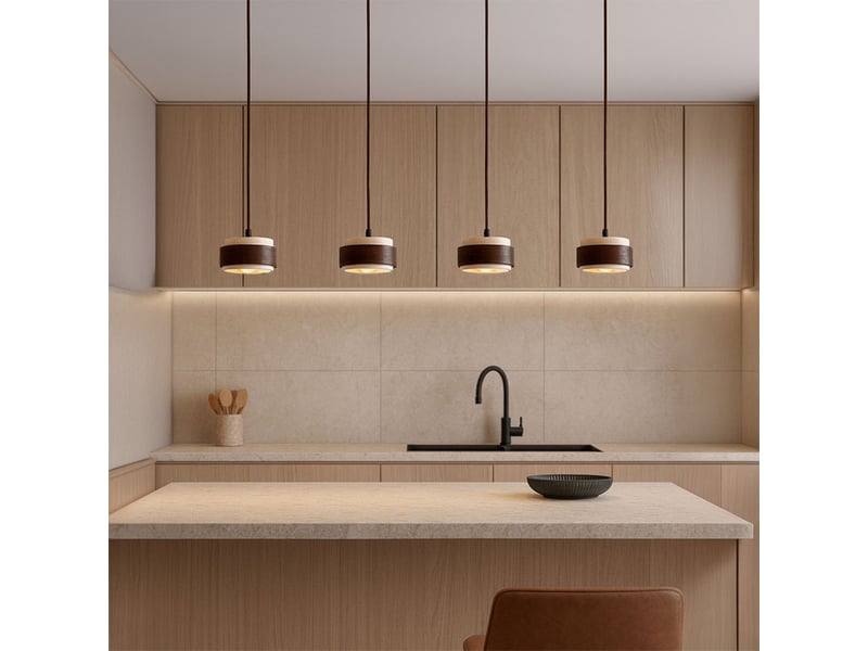 Luminaire design 4 suspensions en travertin et bois effet noyer iris  - Conforama D
