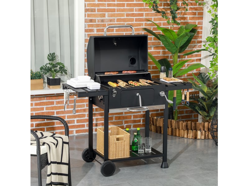  Barbecue charbon de bois avec 2 grilles, tablettes rabattables, chariot et rangement – noir – acier inoxydable  - Conforama B