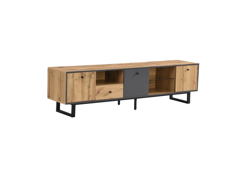 Meuble tv avec éclairage led, cloison en verre et charnières amorties meuble tv contemporain  - Conforama E