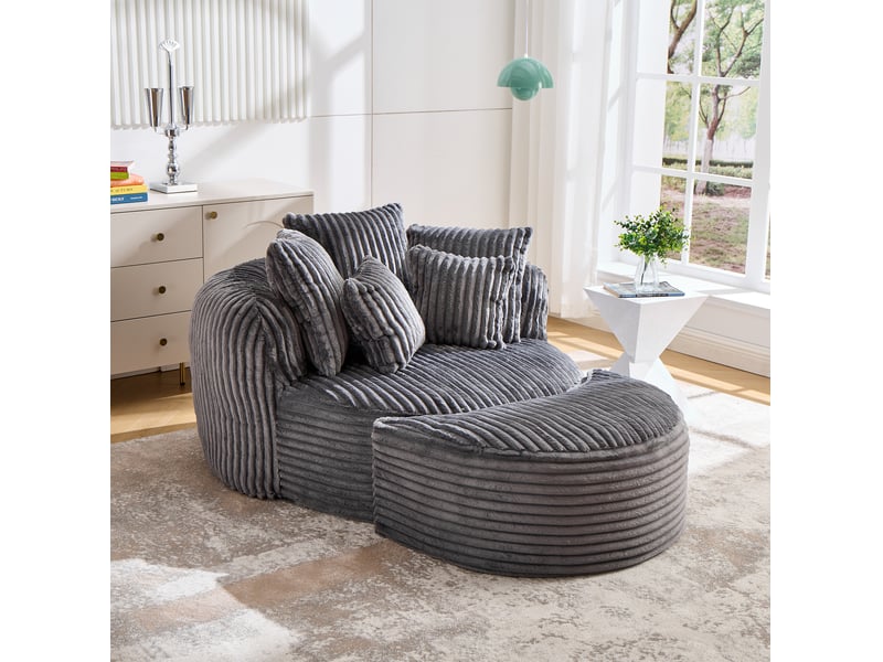 Fauteuil avec pouf rond sans pieds, dossier et accoudoirs avec 5 coussins, pour salon en chenille gris foncé - Conforama B