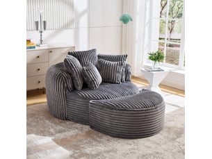 Fauteuil avec pouf rond sans pieds, dossier et accoudoirs avec 5 coussins, pour salon en chenille gris foncé