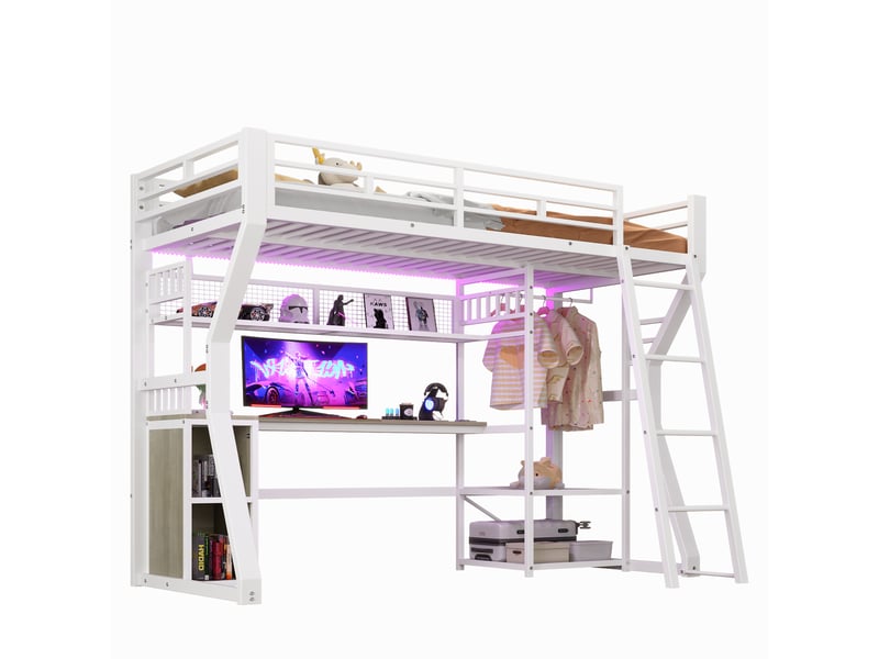  Lit mezzanine 90 × 200 cm 1 place avec bureau, prise, éclairage réglable et étagères, sans matelas, blanc  - Conforama A