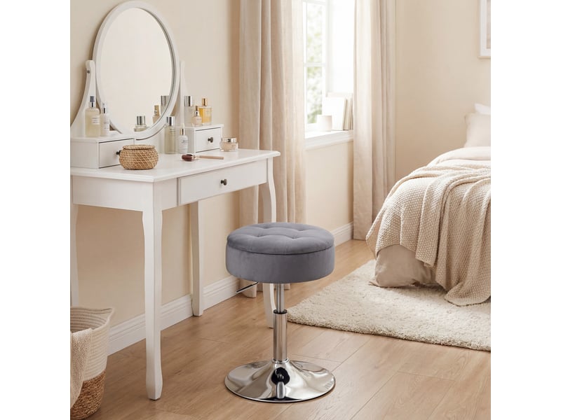  Tabouret de coiffeuse en velours, tabouret de maquillage pivotant avec rangement, hauteur réglable de 49-65 cm, gris  - Conforama D