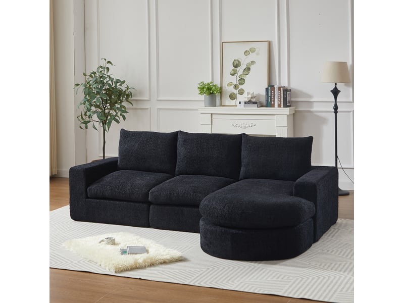  Canapé d'angle tcqpz modulable 3 places avec méridienne réversible 250 x 160 x 80 cm chenille noir  - Conforama E