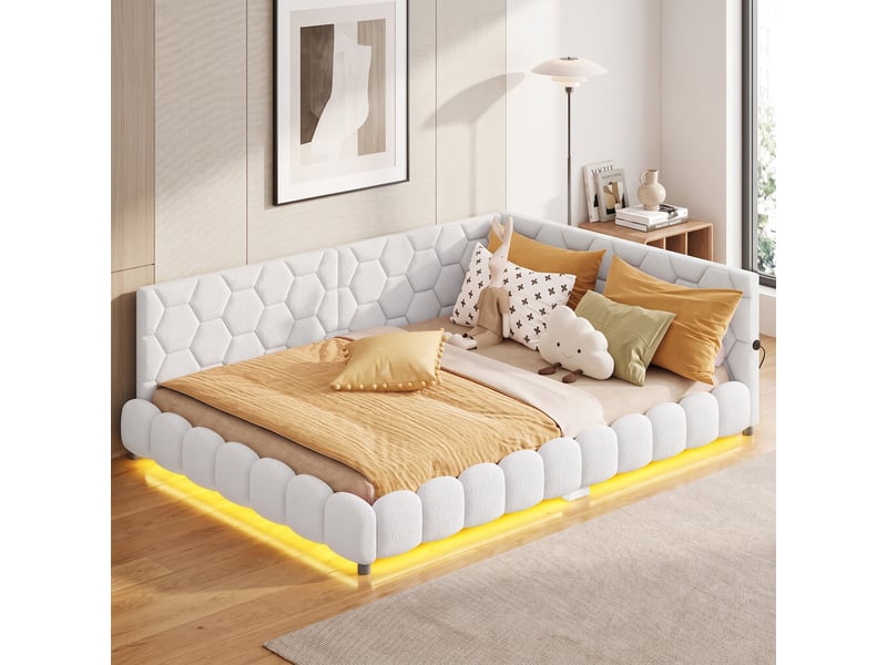  Lit d'angle 140x200 cm avec led et usb,canapé-lit rembourré,lit 2 places,sommier à lattes,lit double,laine d'agneau,blanc  - Conforama B
