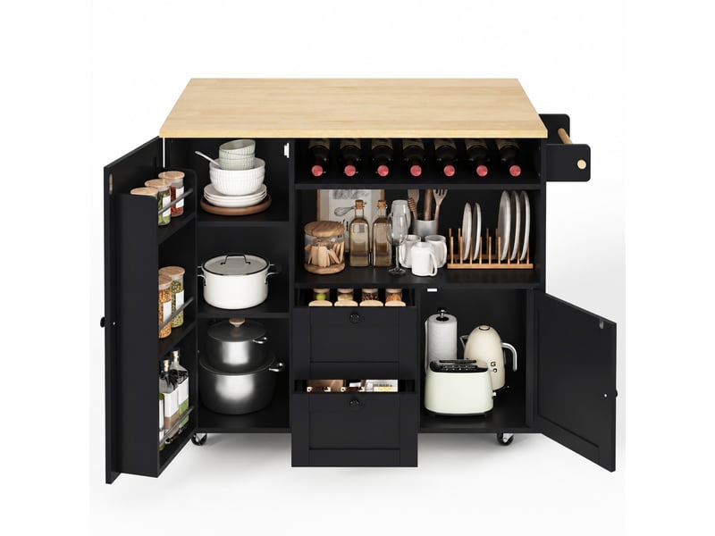  Îlot de cuisine mobile avec plateau de travail rabattable, rangement et roulettes verrouillables, noir et bois clair  - Conforama A