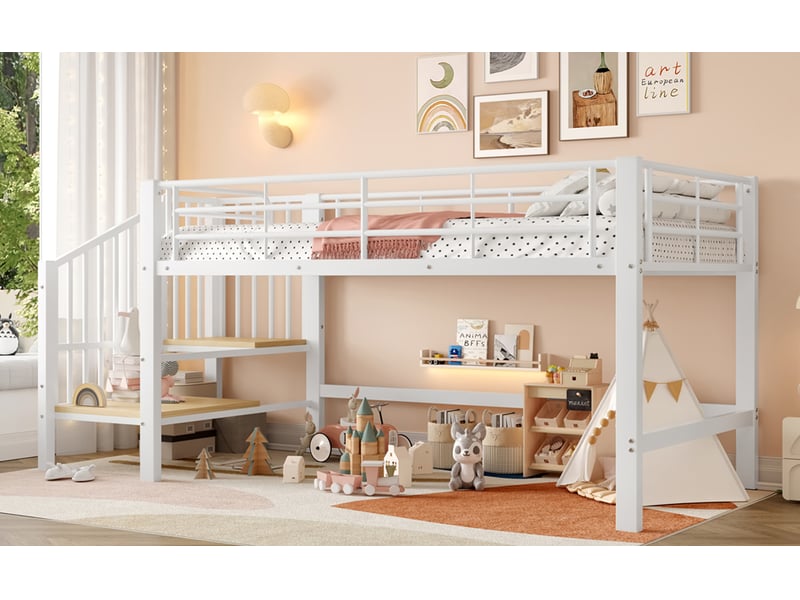  Lit mi-hauteur 90 × 200 cm, escalier à marches ouvertes, espace libre sous le lit, sommier à lattes, métal et mdf, blanc  - Conforama B