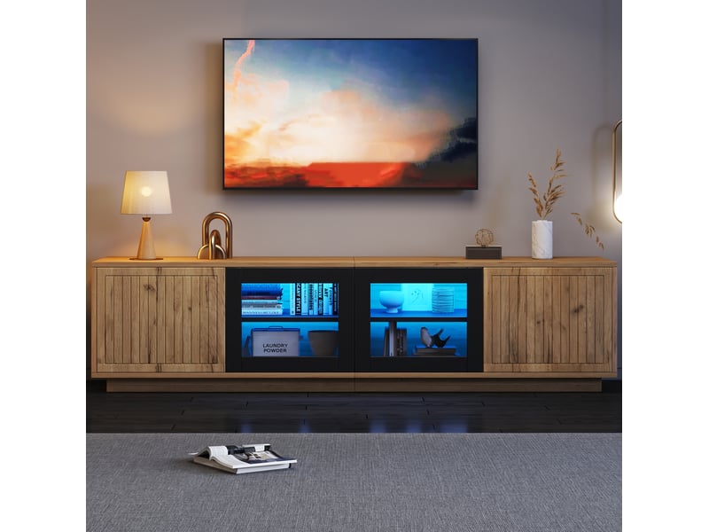  Meuble tv 180x40x45 cm 4 portes (2 vitrées) led pilotable appli 3 niveaux cap. 30 kg panneaux particules naturel et noir  - Conforama D