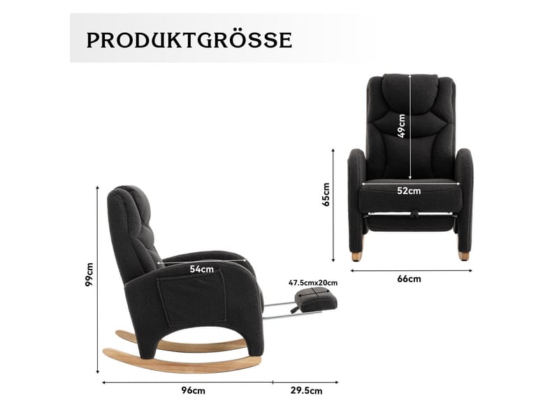  Fauteuil à bascule relax - 66x125x101 cm - avec repose-pieds pliable et têtière en tissu teddy bouclette pieds bois - gris foncé  - Conforama E