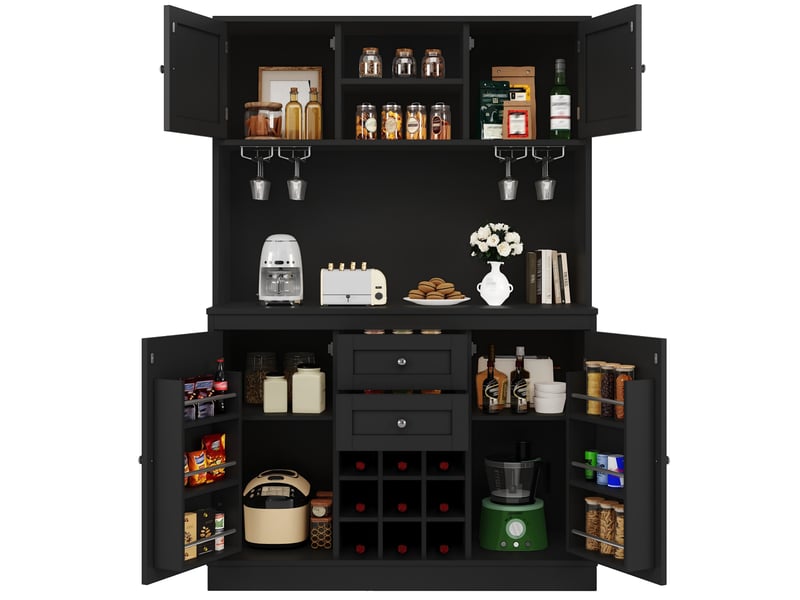 Buffet haut de cuisine noir, meuble colonne de rangement avec étagères réglables, porte-bouteilles, 4 portes et 2 tiroirs - Conforama A
