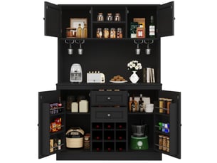 Buffet haut de cuisine noir, meuble colonne de rangement avec étagères réglables, porte-bouteilles, 4 portes et 2 tiroirs
