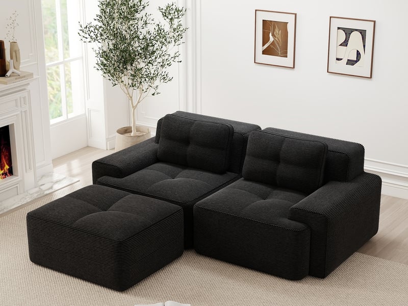  Canapé modulable d’angle 2 places avec ottomane en velours côtelé noir, sans montage  - Conforama B