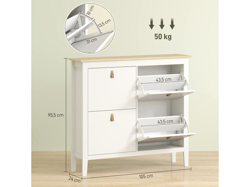  Étagère à chaussures étroite à 4 compartiments avec poignées en similicuir pour entrée et couloir, 105 x 24 x 95,5 cm, blanc et bois  - Conforama D