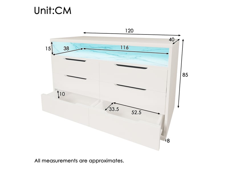  Buffet avec led et 6 tiroirs – blanc, 120 x 40 x 85 cm  - Conforama D