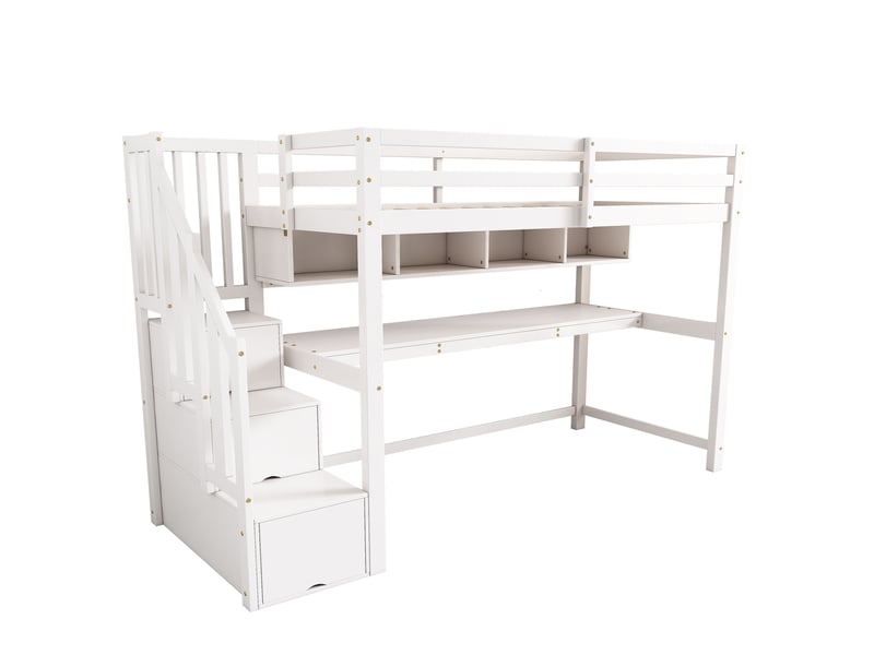  Lit mezzanine enfant 90 × 200 cm avec escalier de rangement, bureau et étagères, sans matelas, en bois blanc  - Conforama E