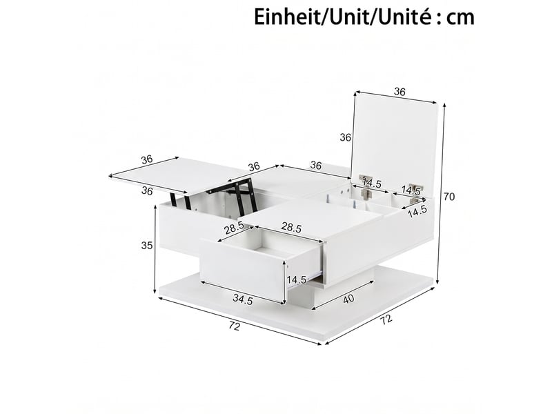  Table basse carré relevable 72x72x35 cm, couleur coloris blanc, finition brillant, rangements  - Conforama C