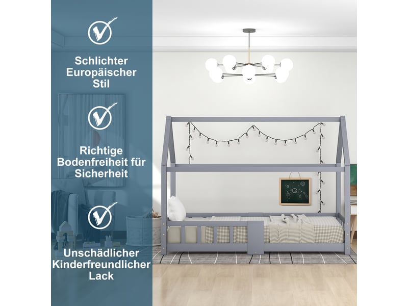 Lit cabane enfant 90x200 cm avec tableau noir, garde-corps et sommier, forme de maison, pin et mdf, gris, sans matelas - Conforama D