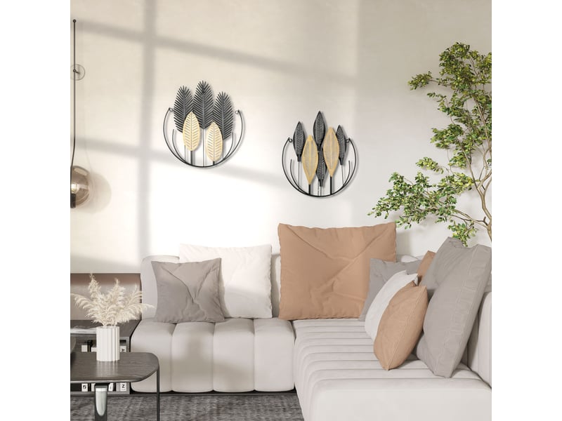  Lot de 2 tableaux muraux 3d, feuilles en métal noir et naturel 40x46 cm, déco moderne salon et chambre  - Conforama B