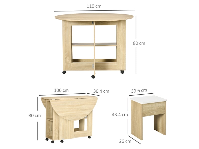  Ensemble table et chaises 5 pièces en panneaux de particules, table ronde avec 2 étagères ouvertes et 4 tabourets modernes  - Conforama E