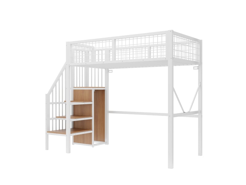  Lit mezzanine enfant 90x200 cm – blanc – escalier de rangement, led et garde-corps métallique – sans matelas  - Conforama D