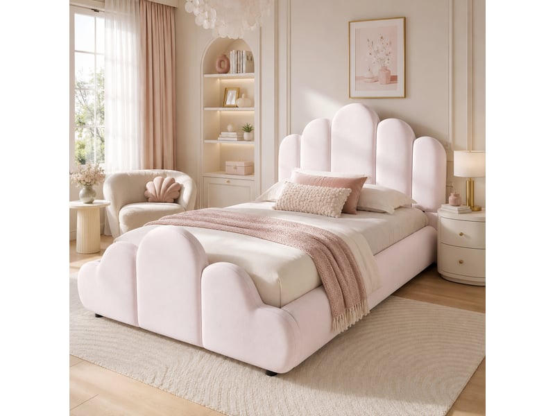  Lit enfant velours rose 90x200 cm - cadre capitonné design nuage avec sommier  - Conforama E